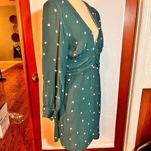 TOPSHOP Polka Dot Green Dress Long Sleeve V-Neck